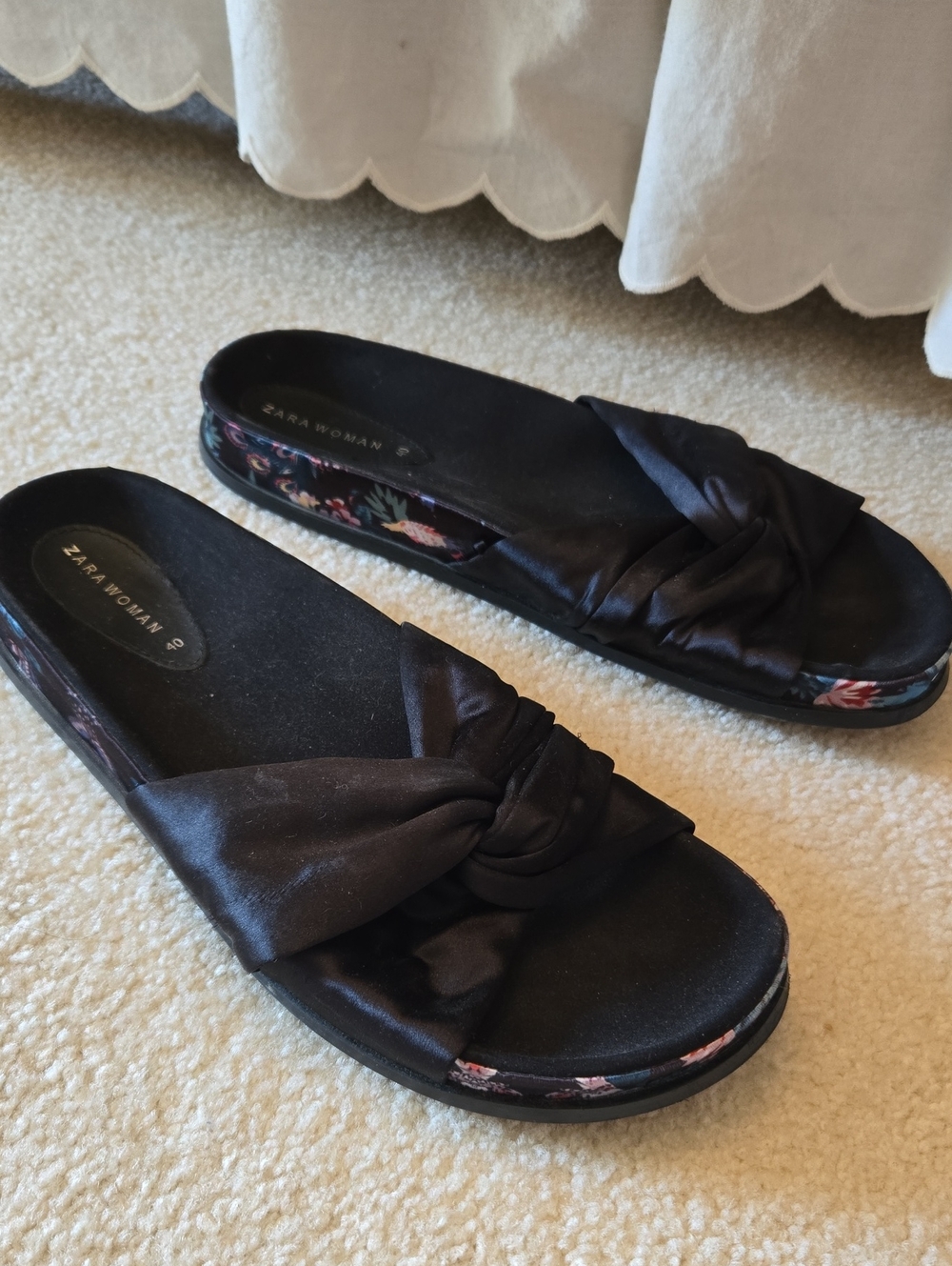 Zara Black Satin Knot Slide Mules with Floral Trim